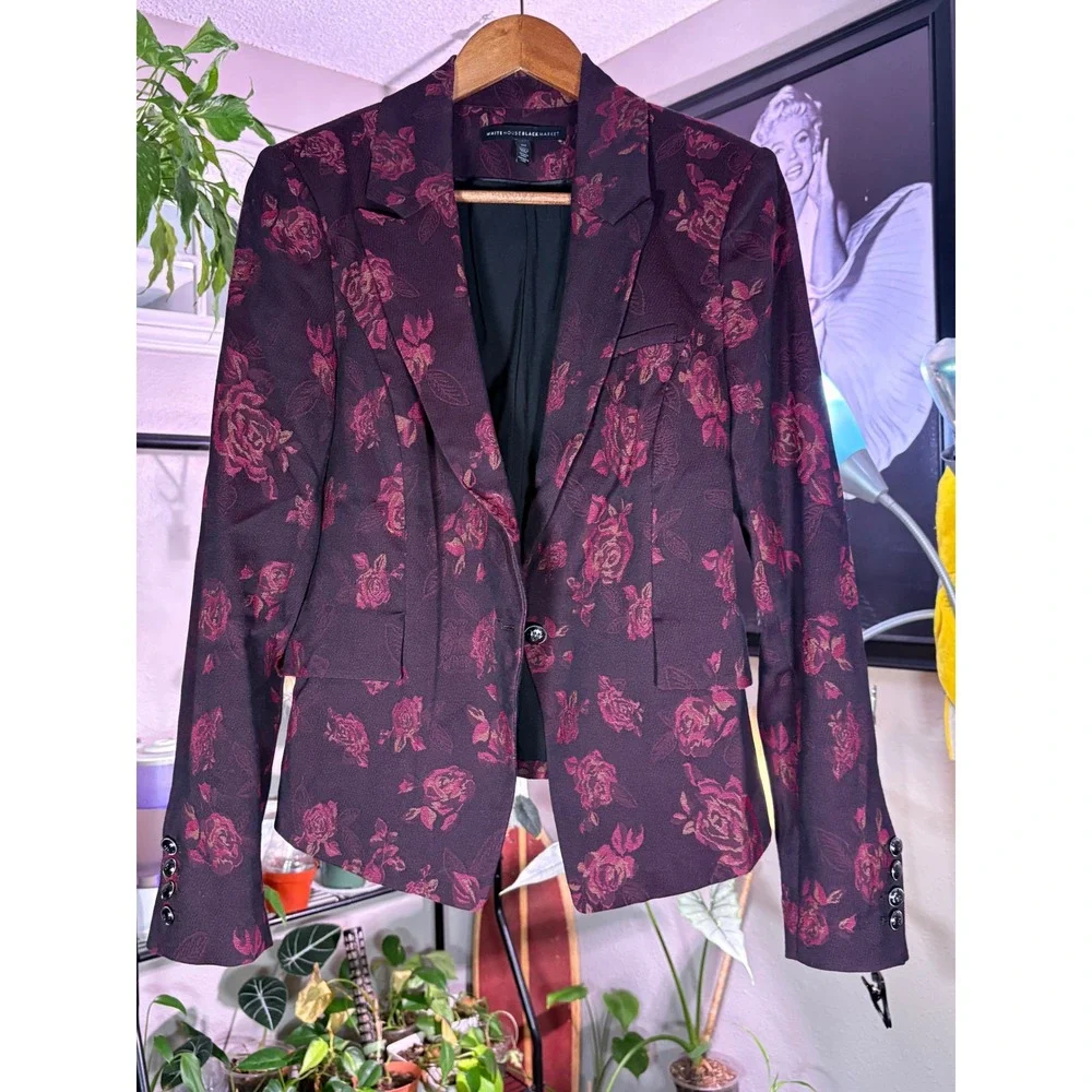 White House Black Market Blazer Women 10 Burgundy Floral Jacquard‎ Rose Dark